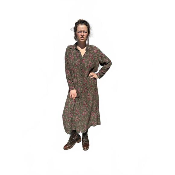 90s Eddie Bauer Forest Green Burgundy Floral Button Up Collared Midi Dress XL - Picture 1 of 8